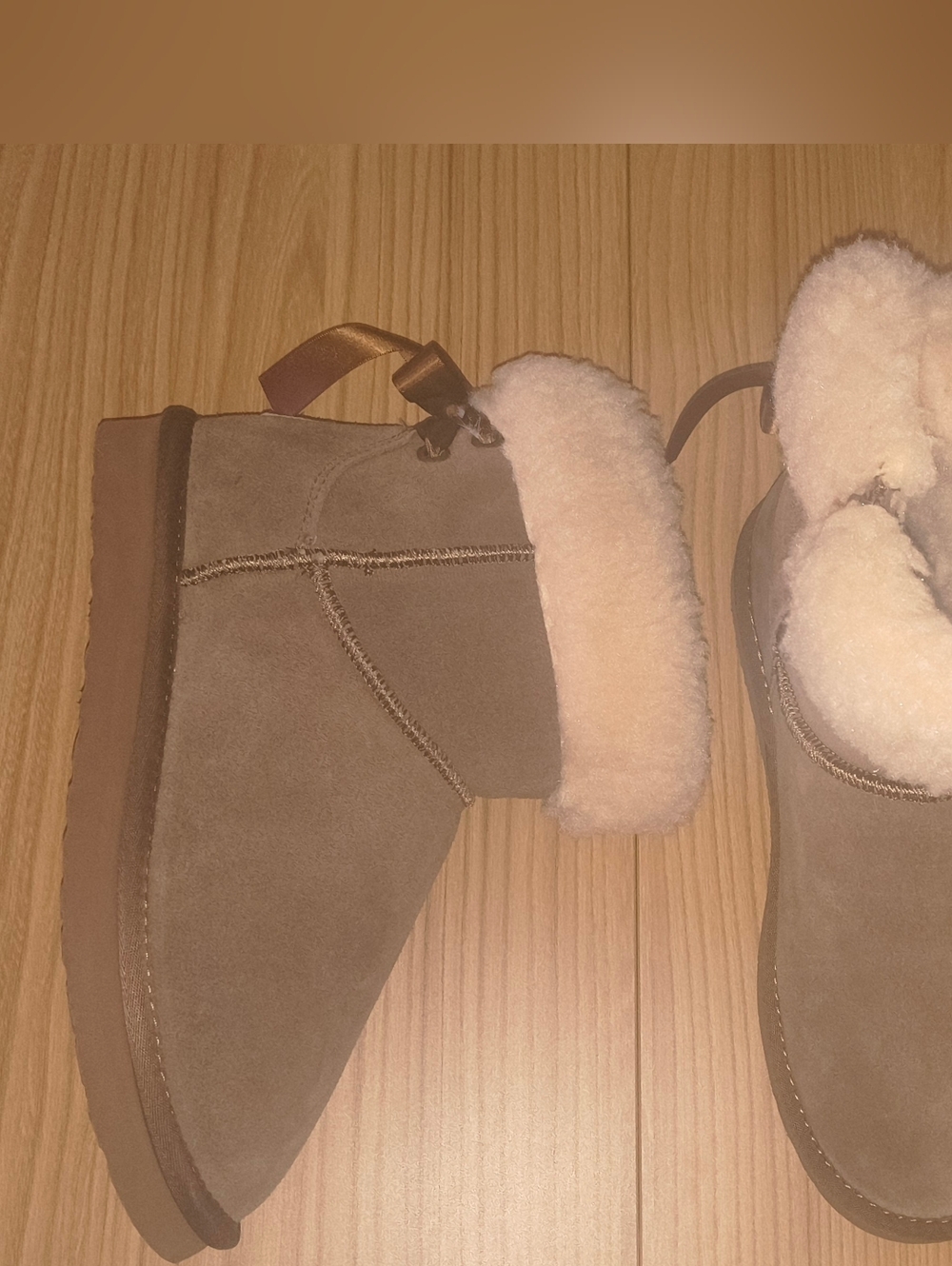 (B3G1) BearPaw Women's Taupe Suede-Look Ankle Boots with Cream Faux Shearling